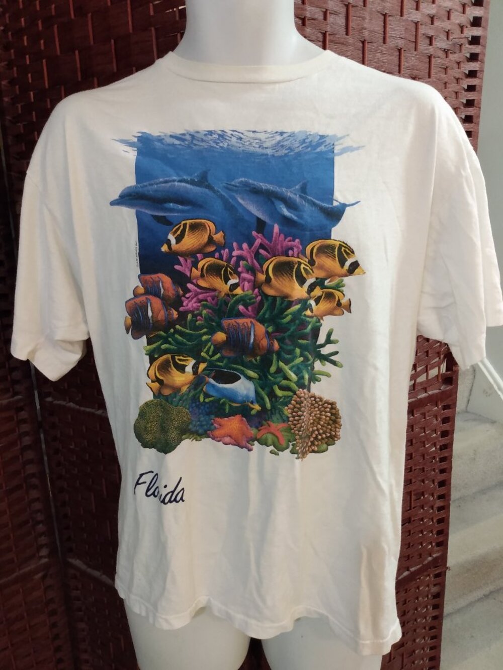 Vintage 90s Air Waves Tropical Fish T Shirt Dolphins Florida Single Stitch XL